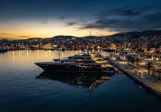 Yacht in Piraeus harbor, afternoon light — Aurora Yacht Painting