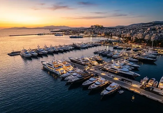 Panoramic view of a marina with yachts serviced by Aurora Yacht Painting